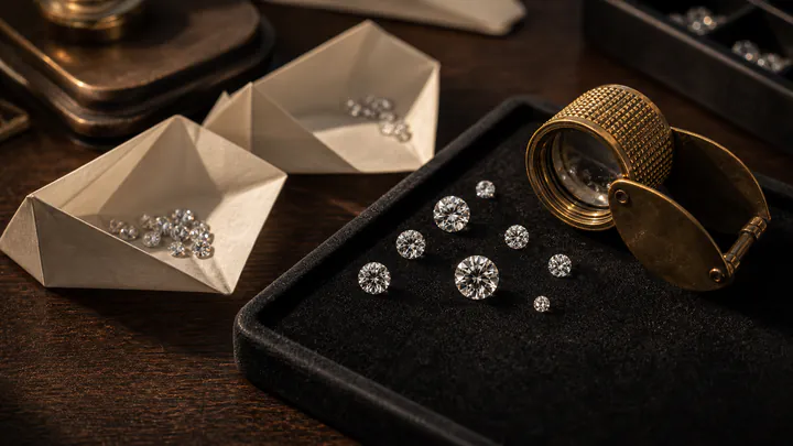 Loose round brilliant diamonds sit on a black grading tray beside a brass loupe.