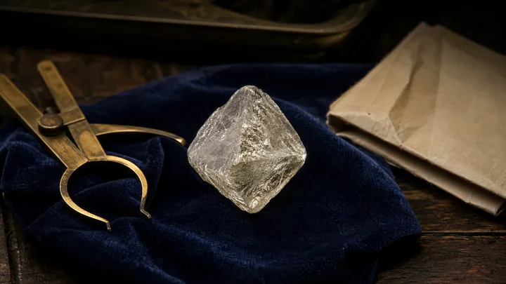 A large uncut rough diamond crystal with frosted natural faces resting on deep navy velvet.