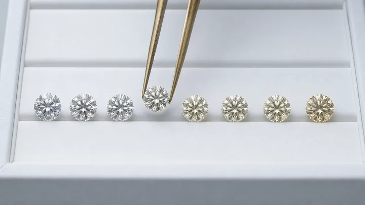 Eight loose round brilliant diamonds on a white grading tray, graded left to right from colourless to faintly warm.