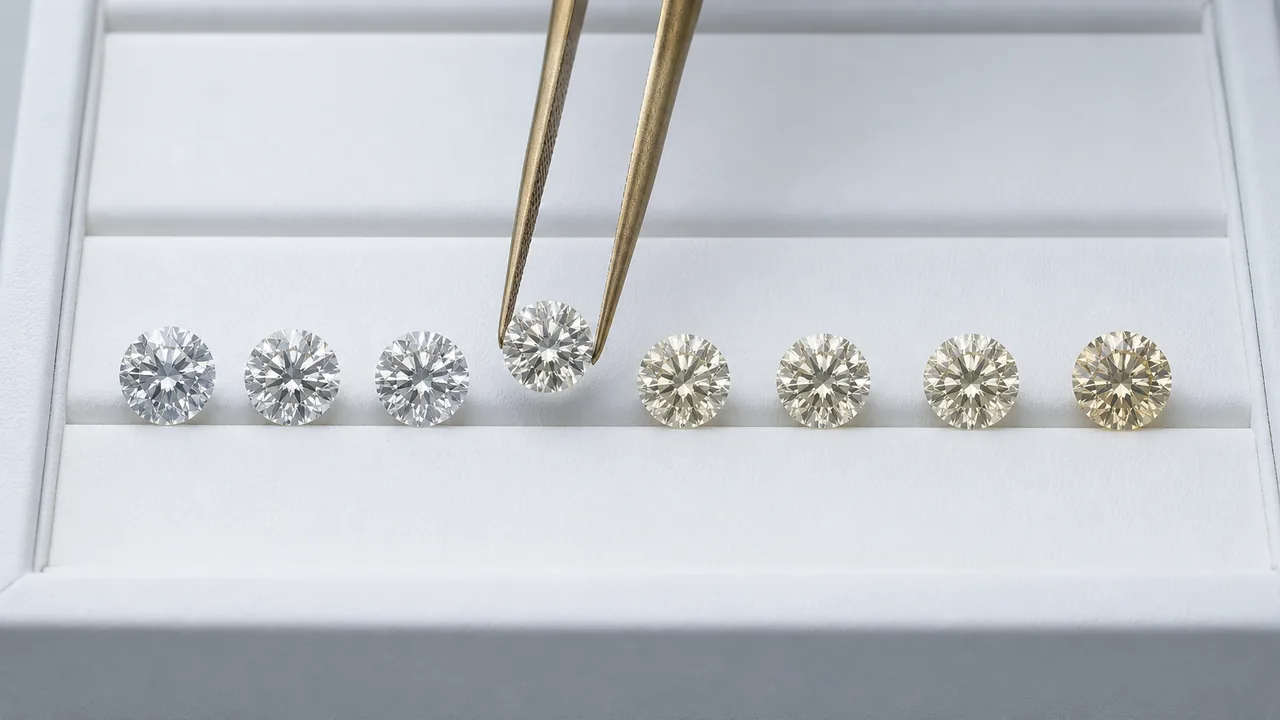 A row of loose round brilliant diamonds arranged from colourless to warm on a white grading tray beside a jeweller's loupe.