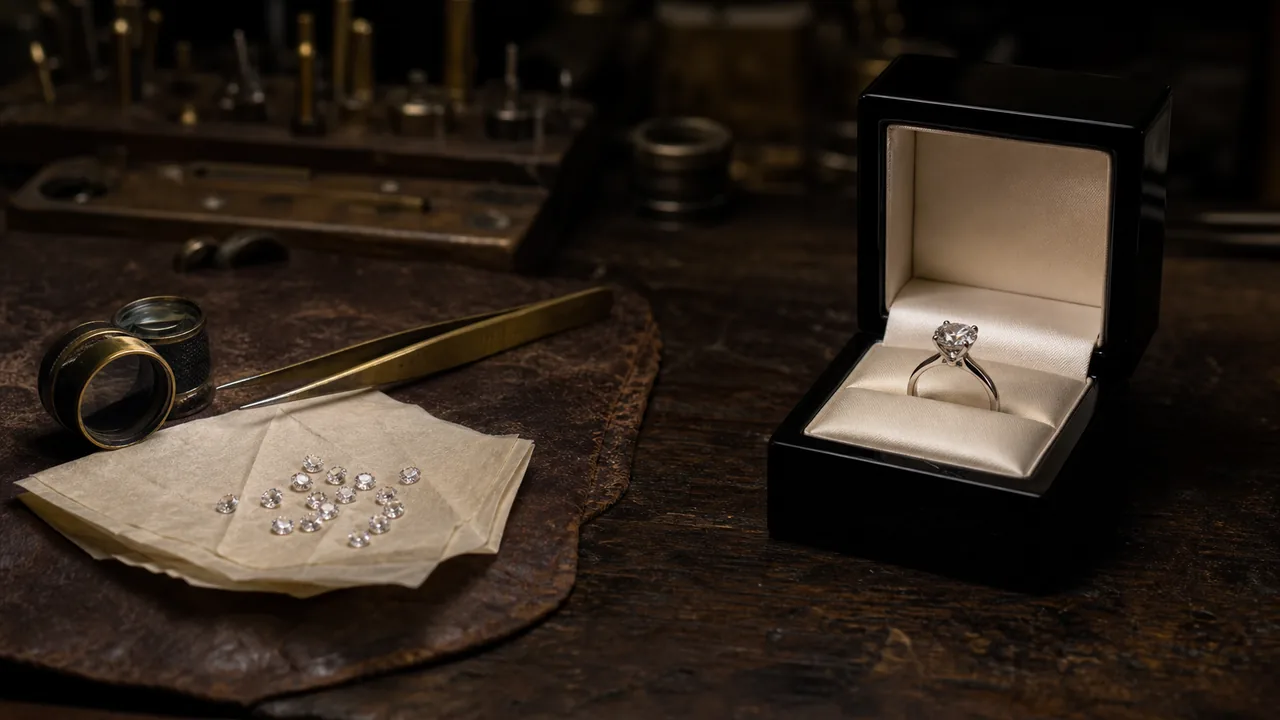 A brass loupe, a grading tray of loose round brilliant diamonds and a notebook of tallies sit on a dark bench.