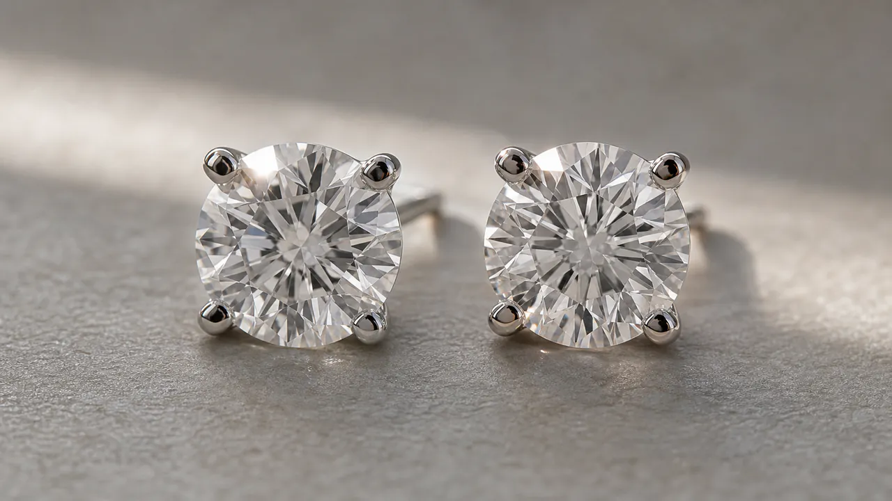 A pair of round brilliant diamond earrings faces the camera in soft daylight against a warm grey backdrop.