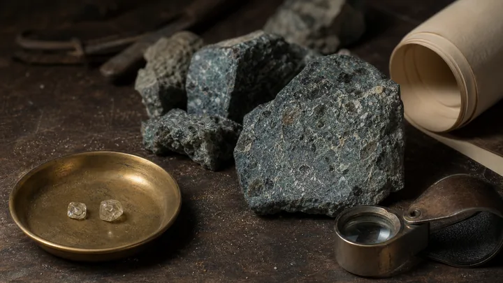Blue-grey kimberlite rock samples and two small rough diamond crystals in a shallow brass dish.