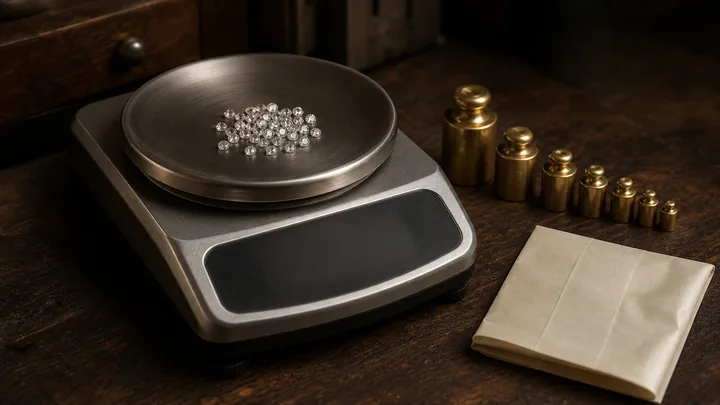 A precision jeweller scale displaying a parcel of loose diamonds beside brass gram weights.