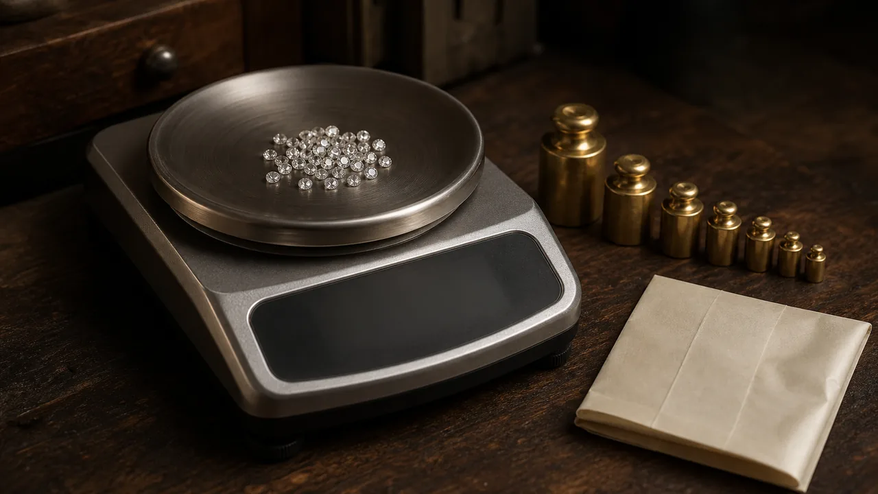 A digital carat scale showing a loose round brilliant diamond beside a gram weight on a dark workbench.