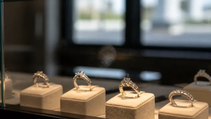 Finished diamond rings on cream suede inside a lit display case, seen from outside through the glass.