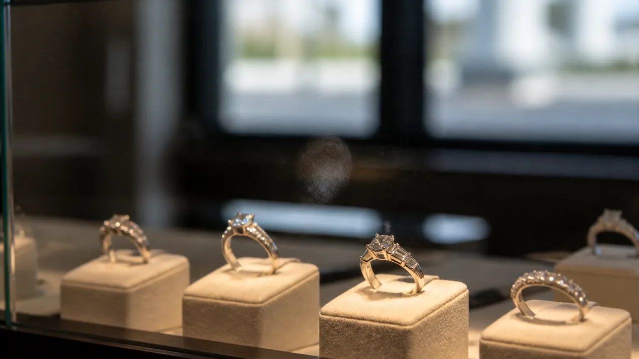 Finished diamond rings on cream suede pads inside a warmly lit display case, seen from outside through the glass, with a faint fingerprint on the pane.