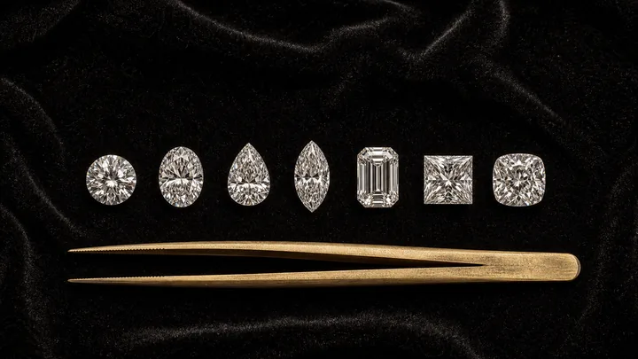 Seven loose diamonds in a row on black velvet, each a different outline, with brass tweezers alongside.