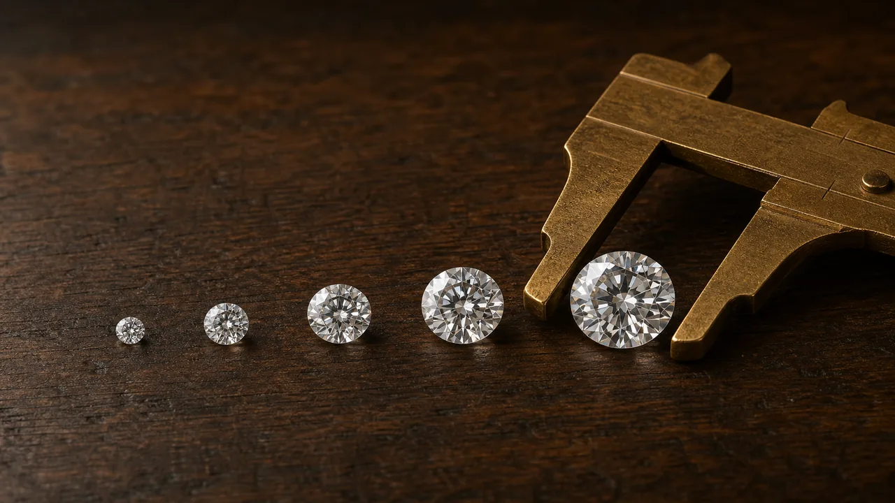 Loose round brilliant diamonds of increasing size laid out in a row beside a millimetre gauge on a dark tray.