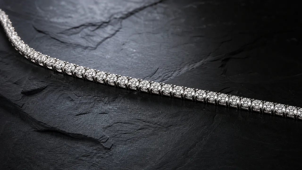 A white gold diamond tennis bracelet is draped diagonally across a dark slate surface.