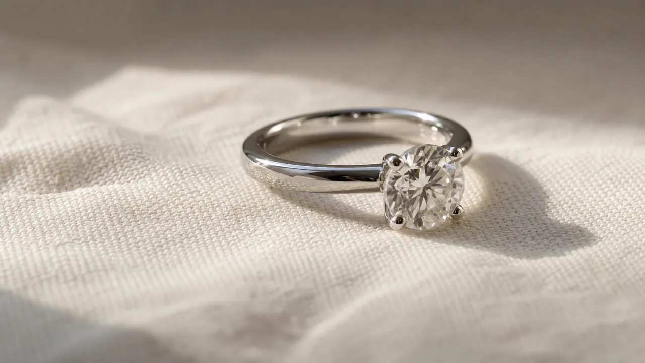 A solitaire diamond engagement ring in white gold rests on textured cream linen in soft window light.
