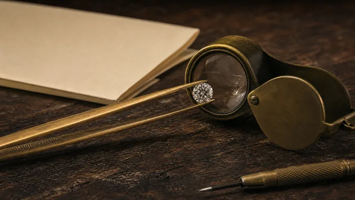 A loose diamond held in brass tweezers under a jeweller loupe beside a folded grading report.