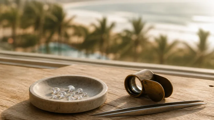 A stone dish of loose diamonds, a brass loupe and tweezers on a pale desk, with the Durban coastline and palms far out of focus beyond.