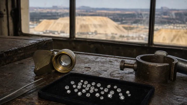 A black stone tray, brass loupe and ring clamp on a worn workbench, with mine dumps on the Johannesburg horizon through a steel-framed window.