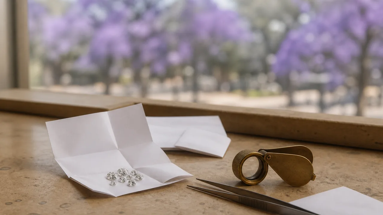 Folded parcel papers holding small loose diamonds, steel tweezers and a brass loupe on a sandstone desk, with jacaranda trees in purple bloom out of focus beyond the window.