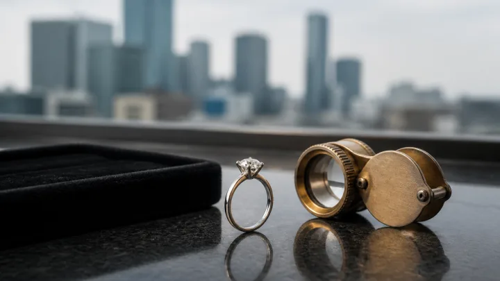 A solitaire ring and brass loupe on polished dark stone, with the glass towers of the Sandton skyline out of focus behind.