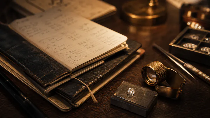 A pricing notebook, brass loupe, loose diamond, and scale sit on a dark wood desk.