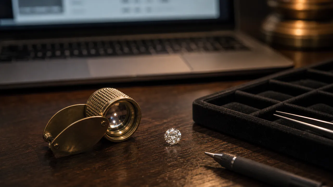 A laptop, grading loupe, and loose diamond parcel sit on a dark desk in a jeweller workspace.