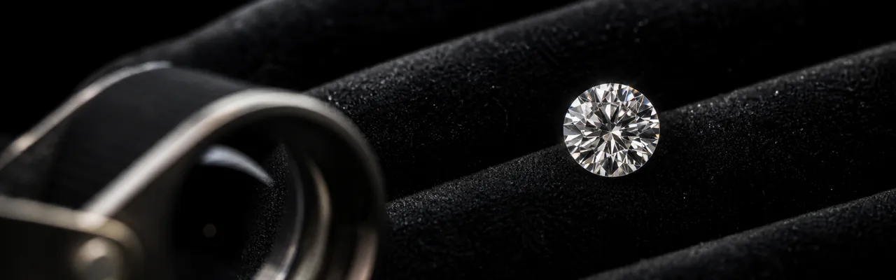 A loose round brilliant diamond sits on a black velvet roll beside an out-of-focus magnifying loupe.