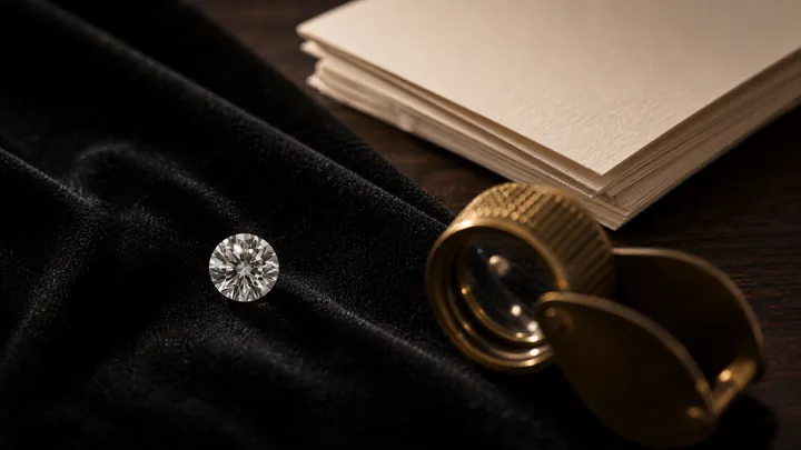 A loose round brilliant diamond sits beside a brass loupe and blank note cards.
