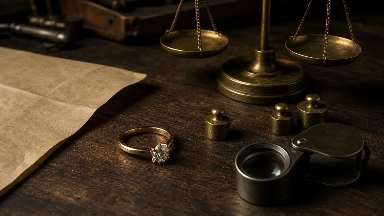 A loose round brilliant diamond, brass tweezers and a folded parcel paper rest on a dark valuation counter.