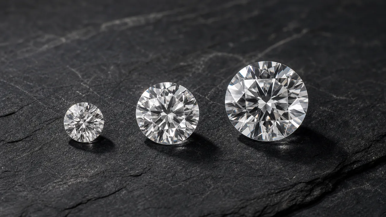 Three round brilliant diamonds of progressively larger size sit in a row on dark slate.