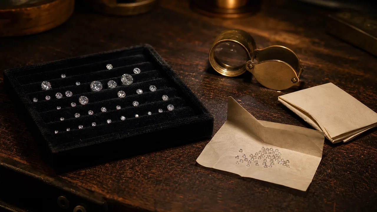 A single loose round brilliant diamond rests on a folded parcel paper beside a pair of tweezers on a dark workbench.