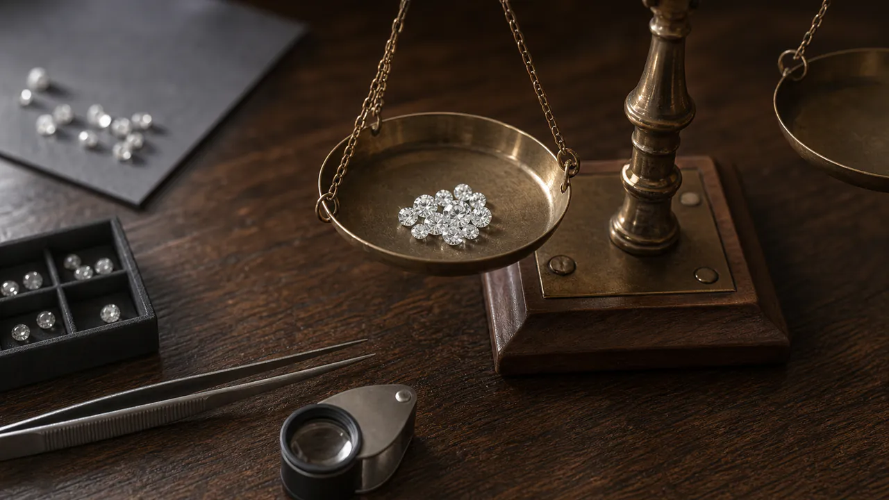 A brass jewellery scale weighs a small parcel of diamonds on a dark walnut workbench.