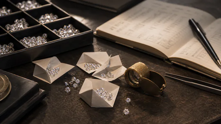 Loose diamonds and a brass loupe sit beside an open supplier notebook.