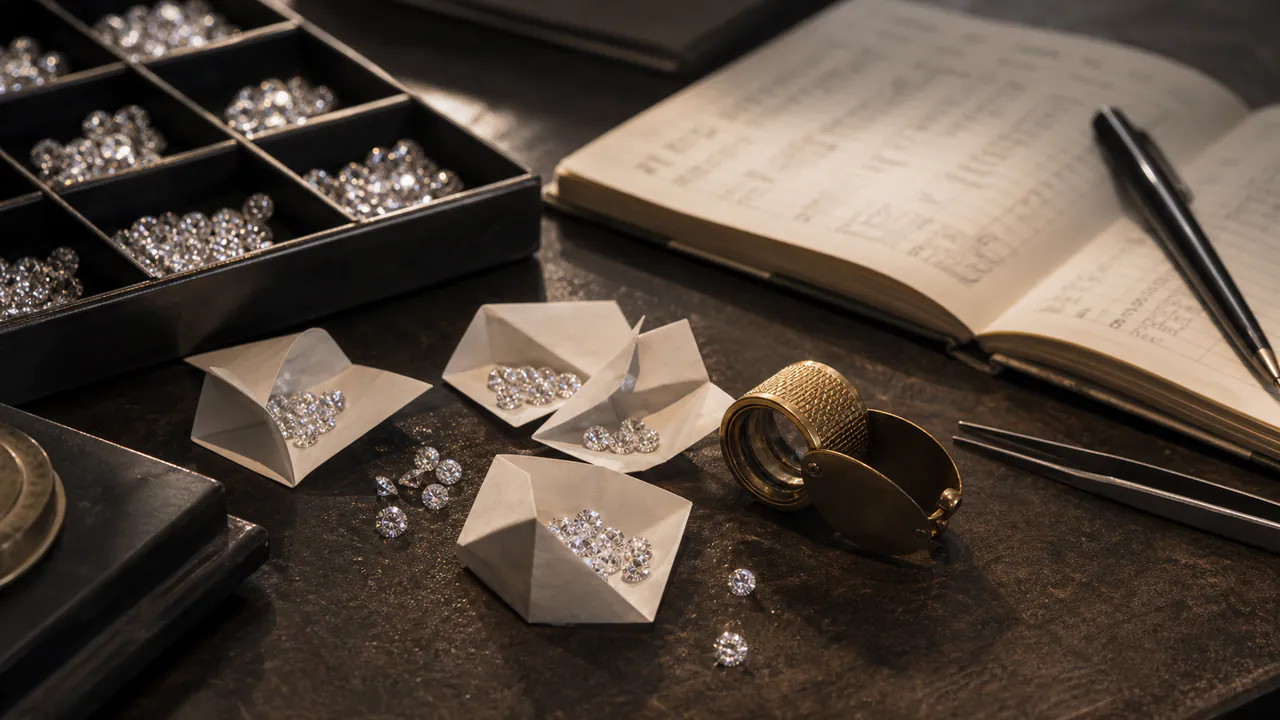 Loose diamonds, a brass loupe, and an open supplier notebook sit on a dark jeweller desk.